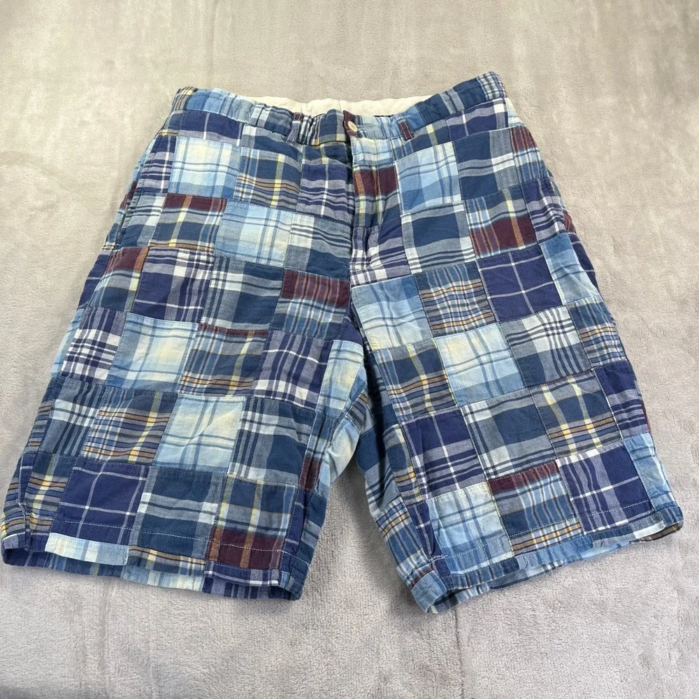 Polo Ralph Lauren Patchwork Shorts 34 Blue Plaid Cotton Collegiate Ivy League